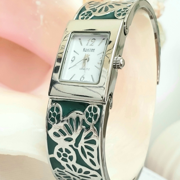 Green Kristine Engraved Butterfly Enamel Cuff Watch Silver Band Quartz - Picture 7 of 10